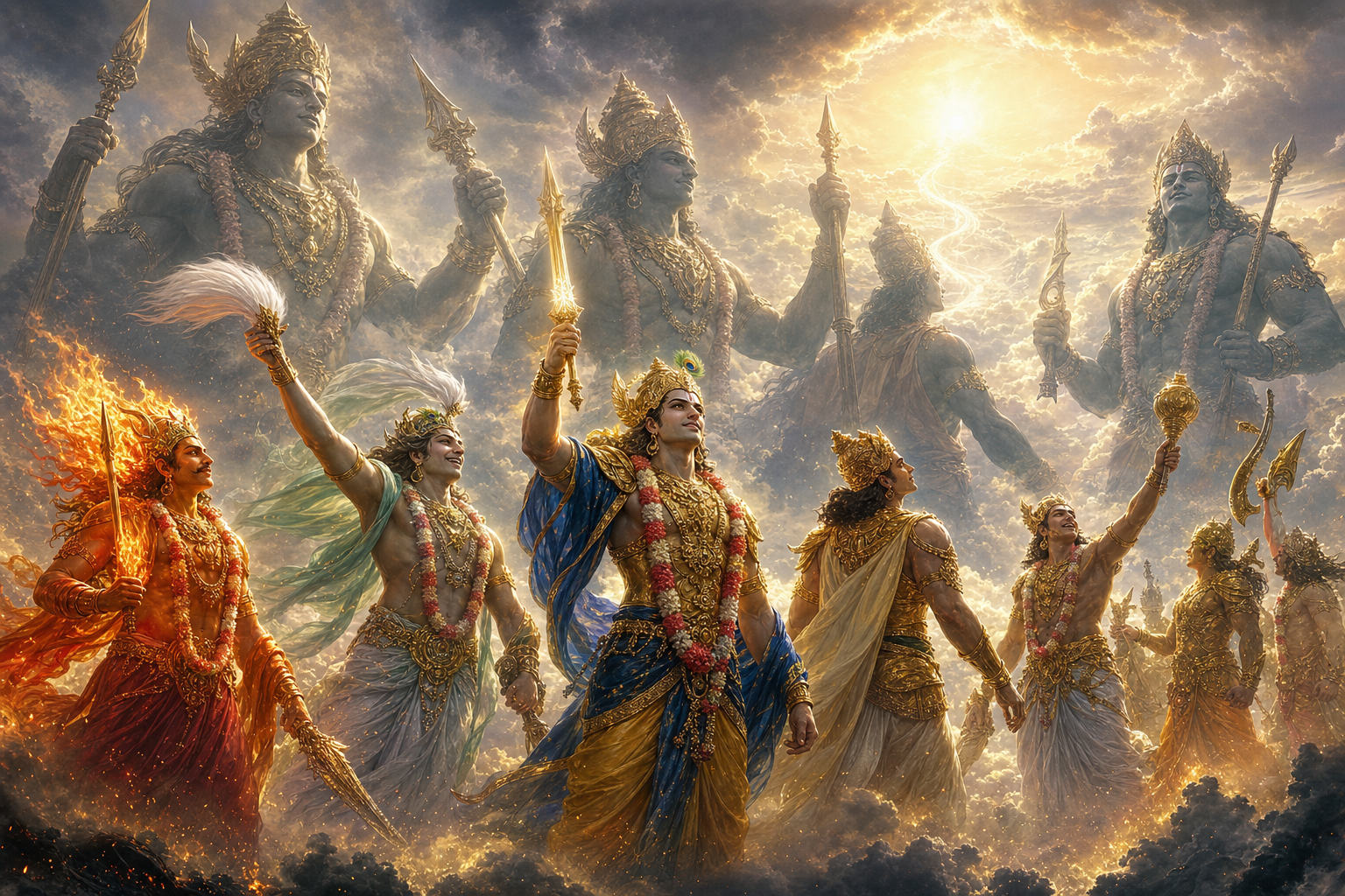 Victorious devas celebrate on a luminous battlefield while a quiet divine radiance recedes behind them and one deva turns to notice it.