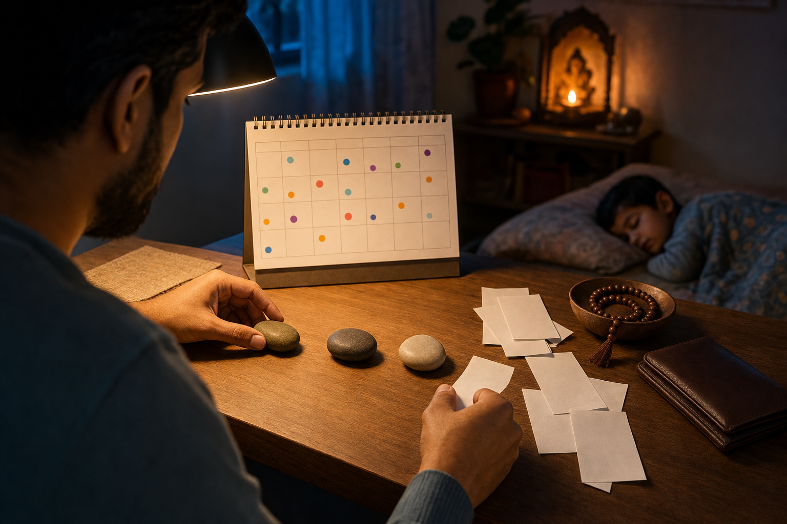 A householder reviews blank calendar markers, household slips, prayer beads, a wallet, and sorting stones at a desk at night.