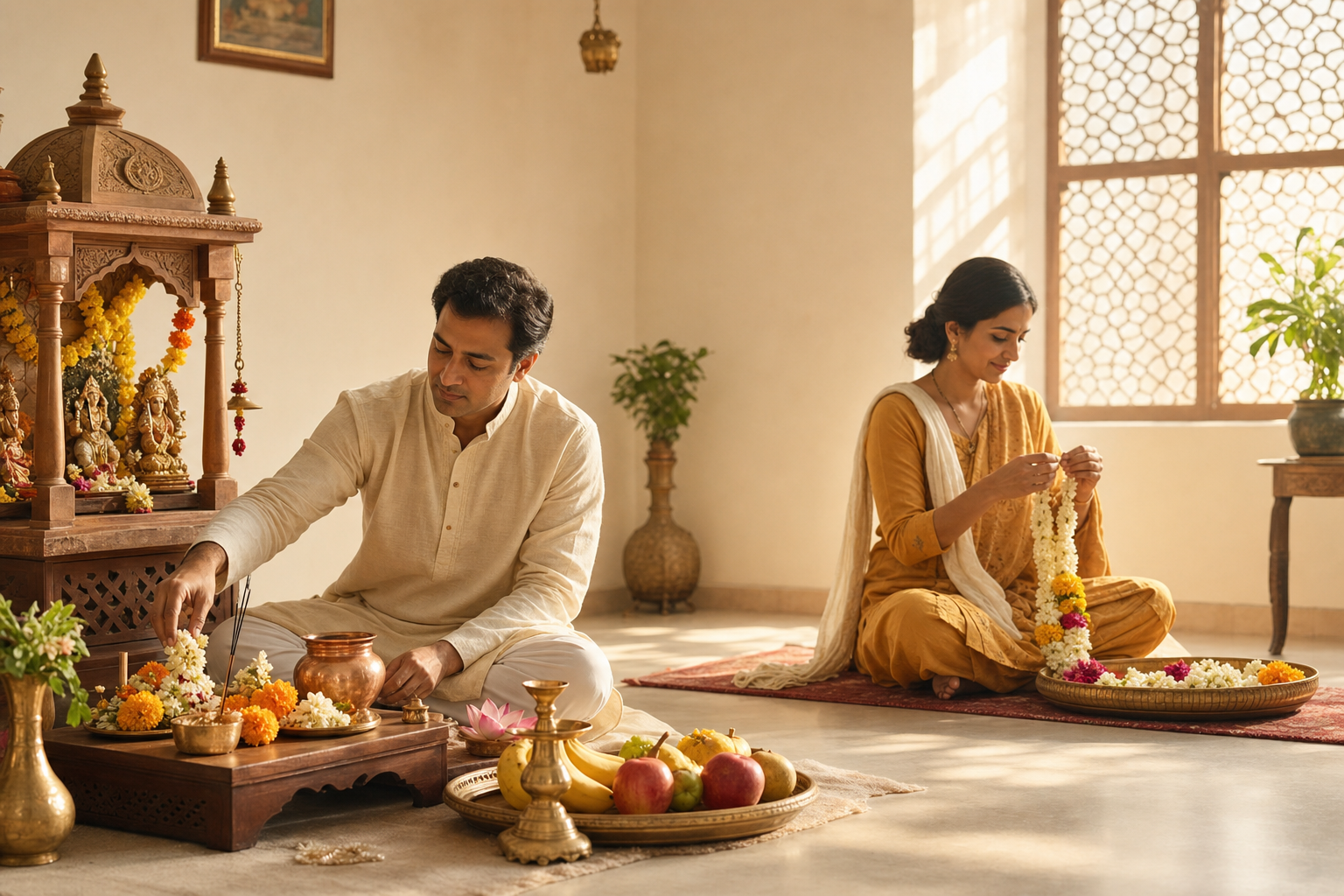Two family members calmly prepare flowers, fruit, a copper vessel, incense, and a brass lamp for worship in a sunlit room.