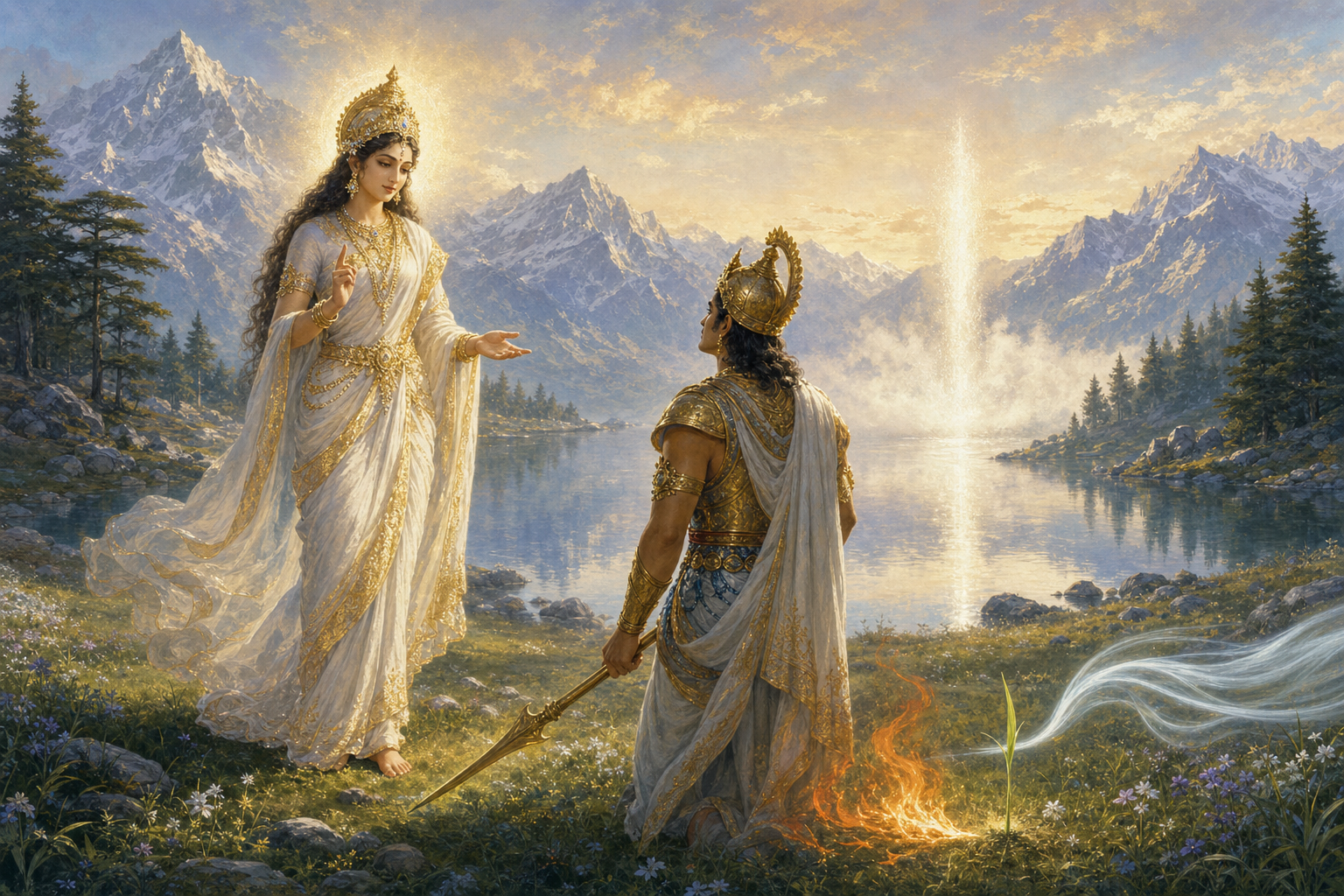 Uma Haimavati teaches a humbled Indra in a Himalayan meadow as an untouched blade of grass, fading flame, wind, and a distant luminous presence recall the Kena Upanishad test.