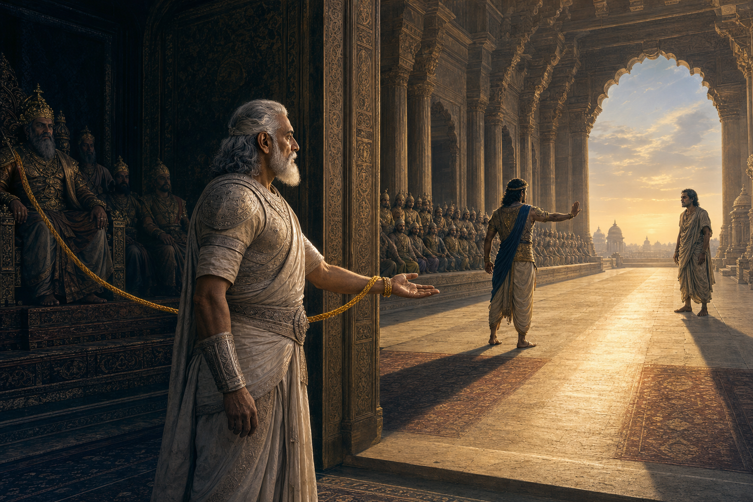 An elderly warrior stands between a shadowed royal throne and a sunlit path while a younger noble turns toward an isolated person in the court.