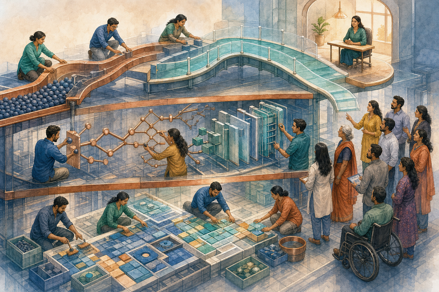 Technicians and community reviewers repair the data, decision and service layers of a transparent multi-level AI system.