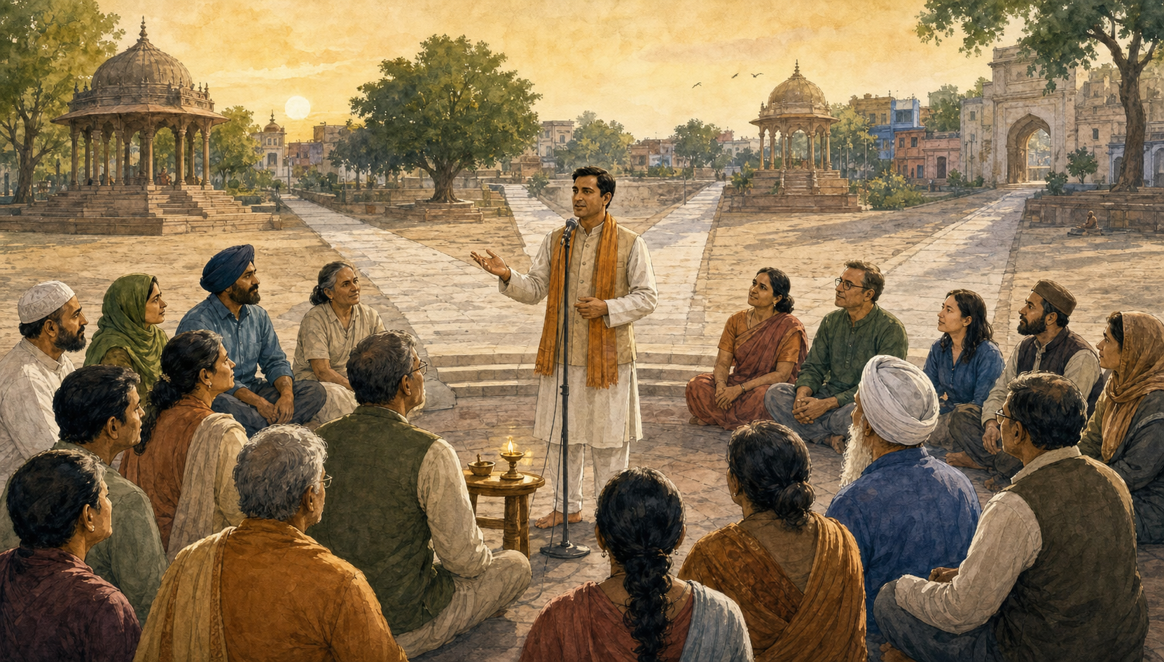 A calm Hindu advocate speaks at a microphone to a diverse semicircle of listeners in a sunlit civic courtyard, with a brass oil lamp on a nearby table.
