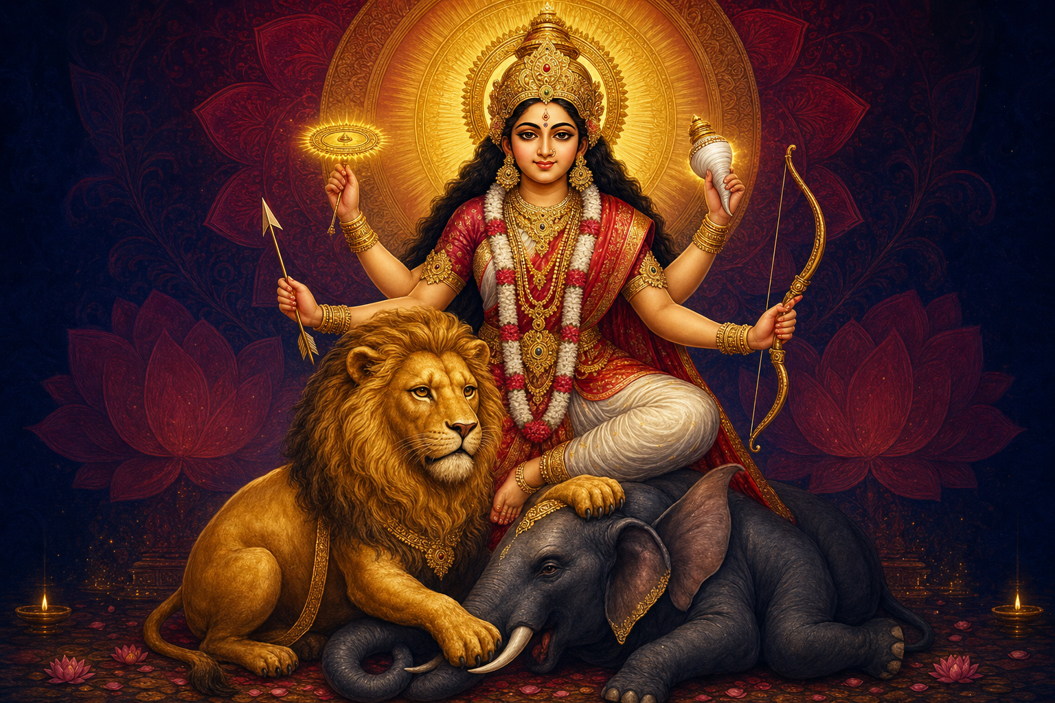 Four-armed Goddess Jagadhatri holds a conch, discus, bow, and arrow while seated on a golden lion above a subdued dark elephant.