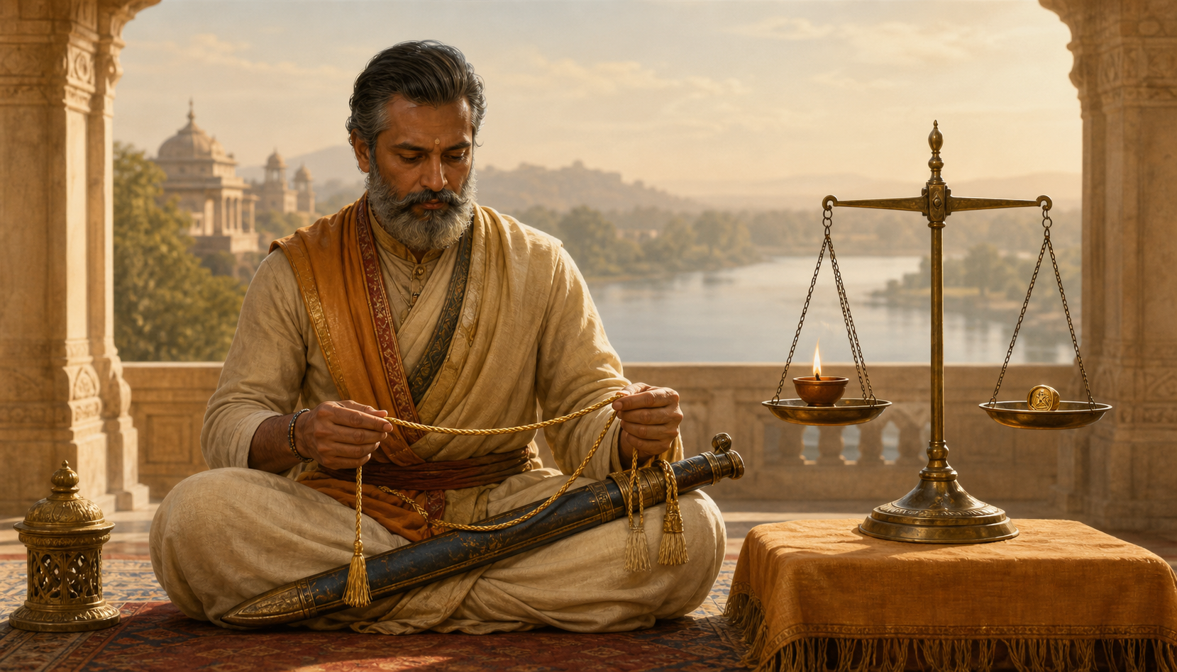 A ceremonial thread tied to a sword extends around a young banyan tree growing beside a small oil lamp.