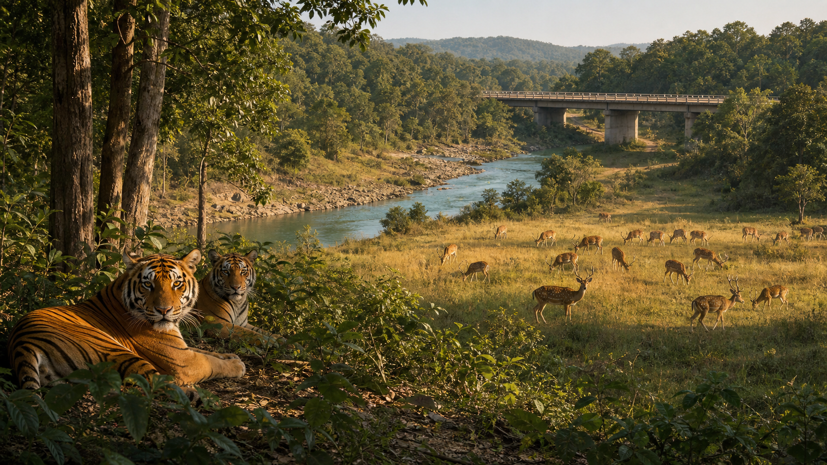 A tigress and cub, a chital herd, a river, intact forest and a wildlife underpass appear within one connected landscape.
