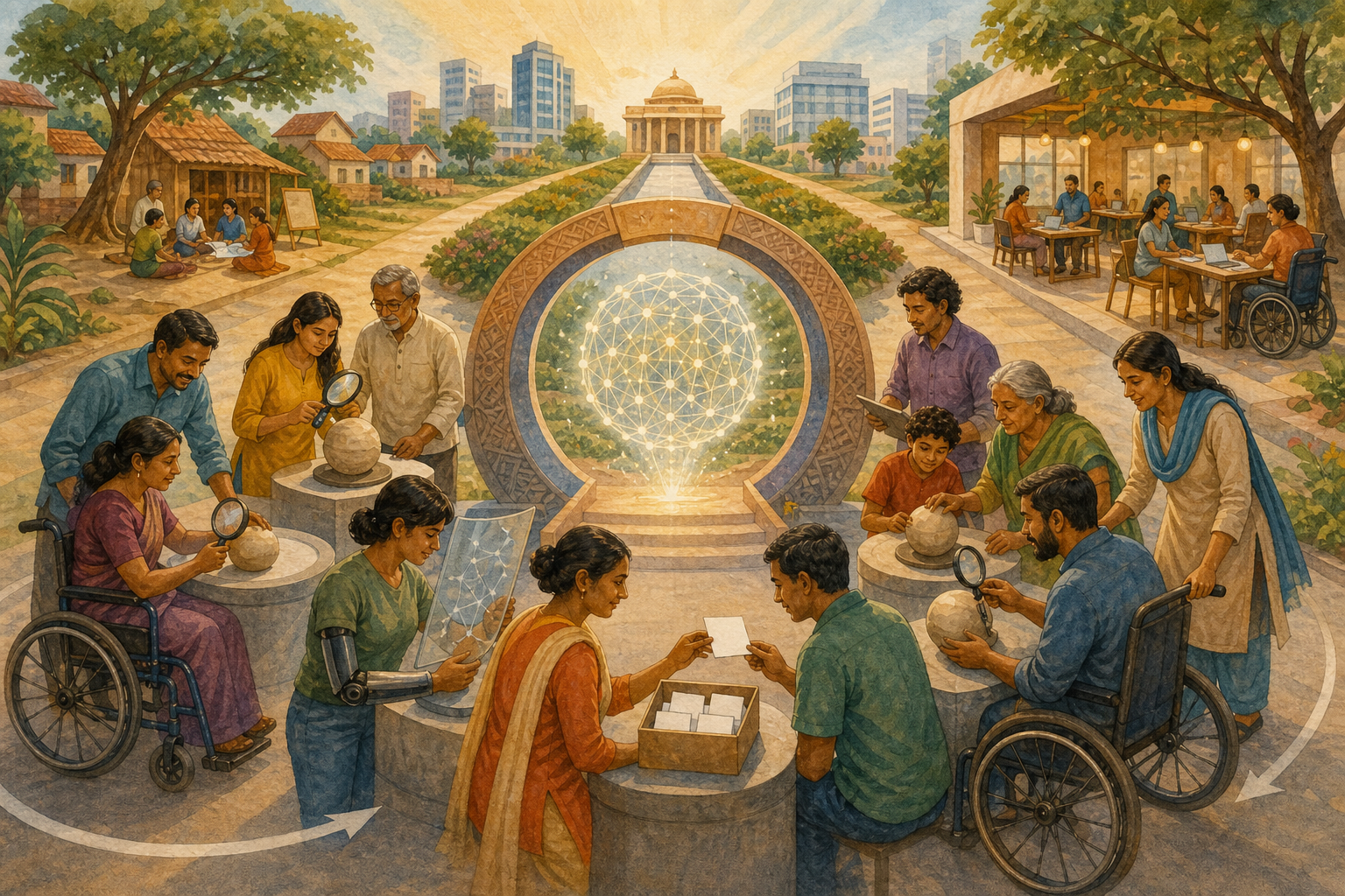 A diverse review group completes inspection stations around an abstract AI core before equal paths open toward rural and urban community services.