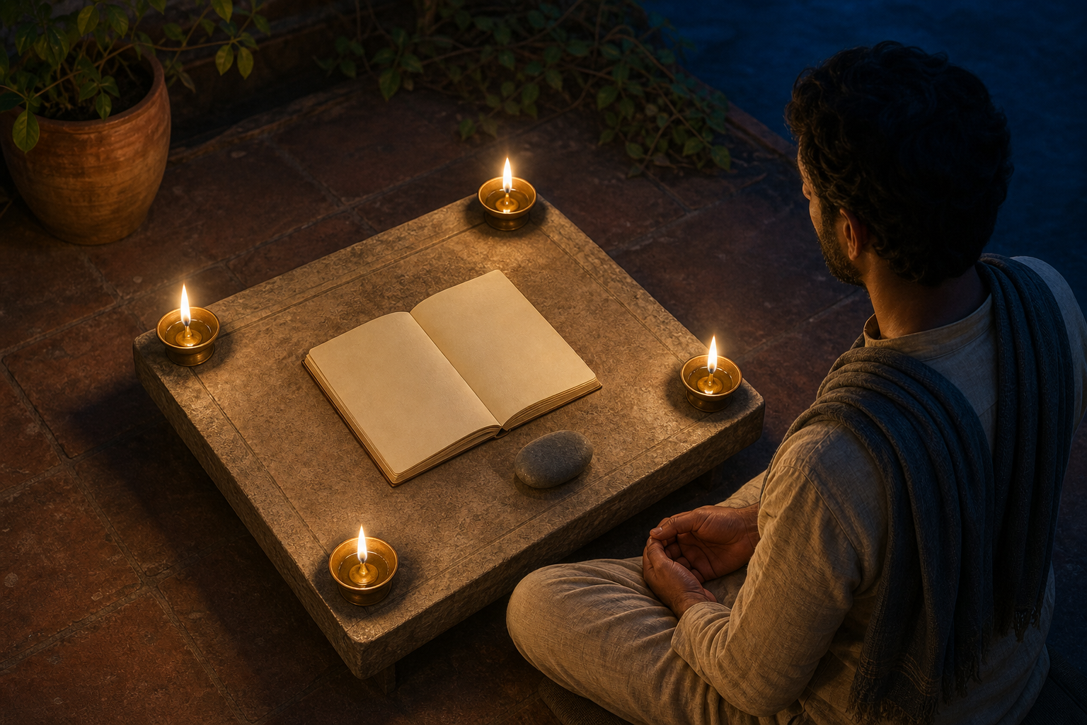 Four lit brass oil lamps surround a blank open notebook and a smooth stone while a seated person pauses nearby in reflection.