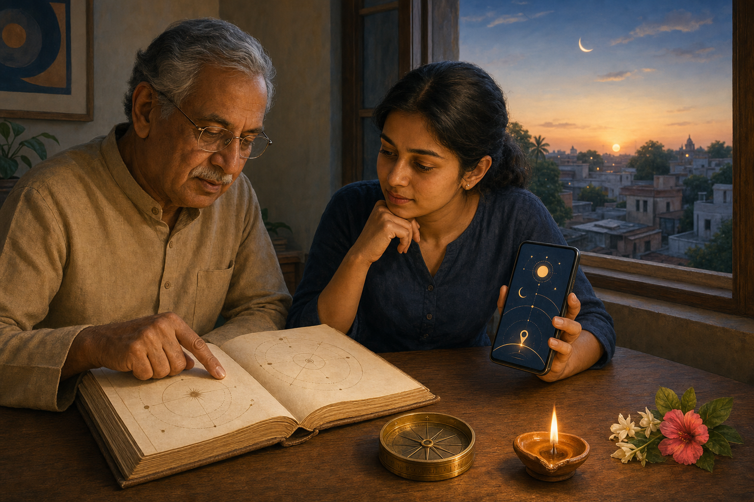 An elder and a younger adult compare an almanac, compass, and phone beside a window overlooking a local evening horizon.