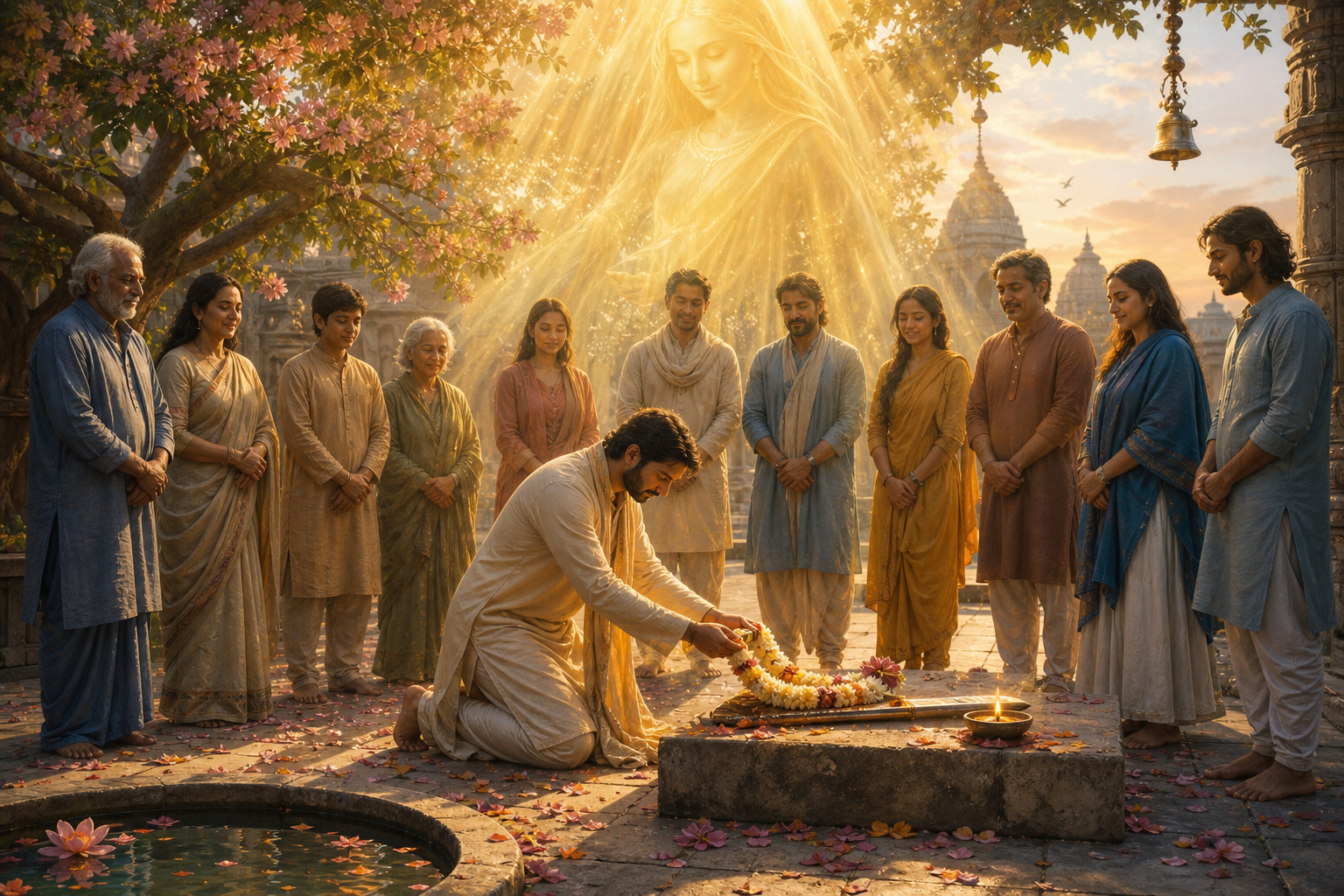 A victorious leader kneels with dignity to offer a garland and sword in a sunlit temple courtyard while companions gather in an equal circle.