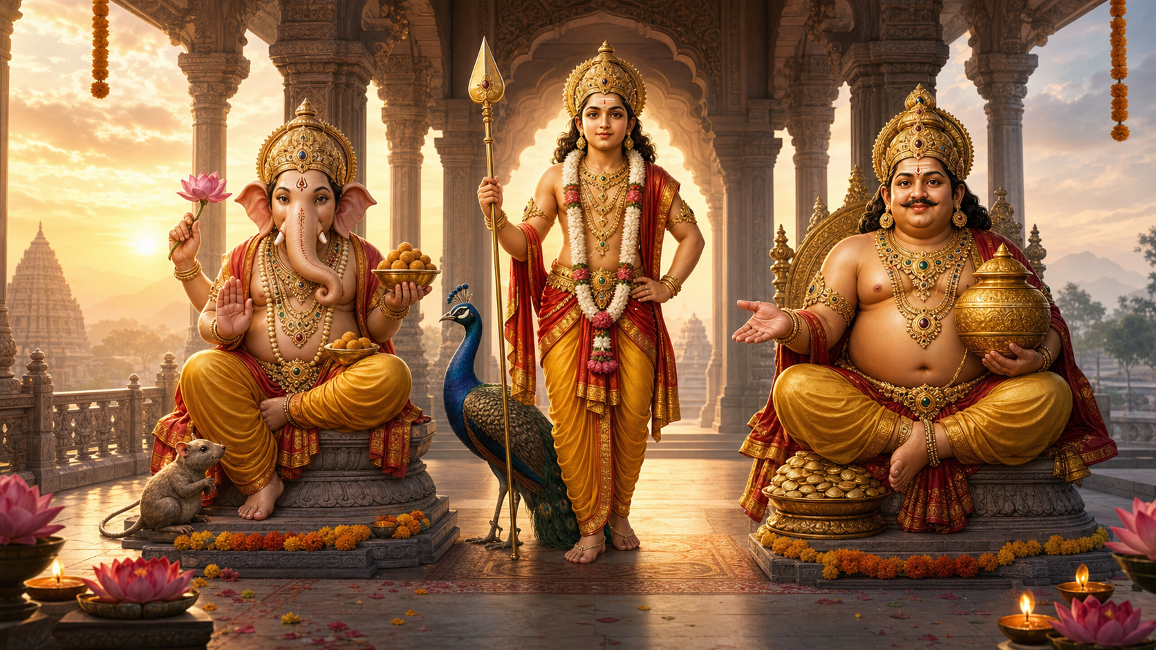Ganesha, Kartikeya, and Kubera appear together in a dawn-lit stone mandapa with a mouse, peacock, spear, lotus, sweets, and treasure vessel.