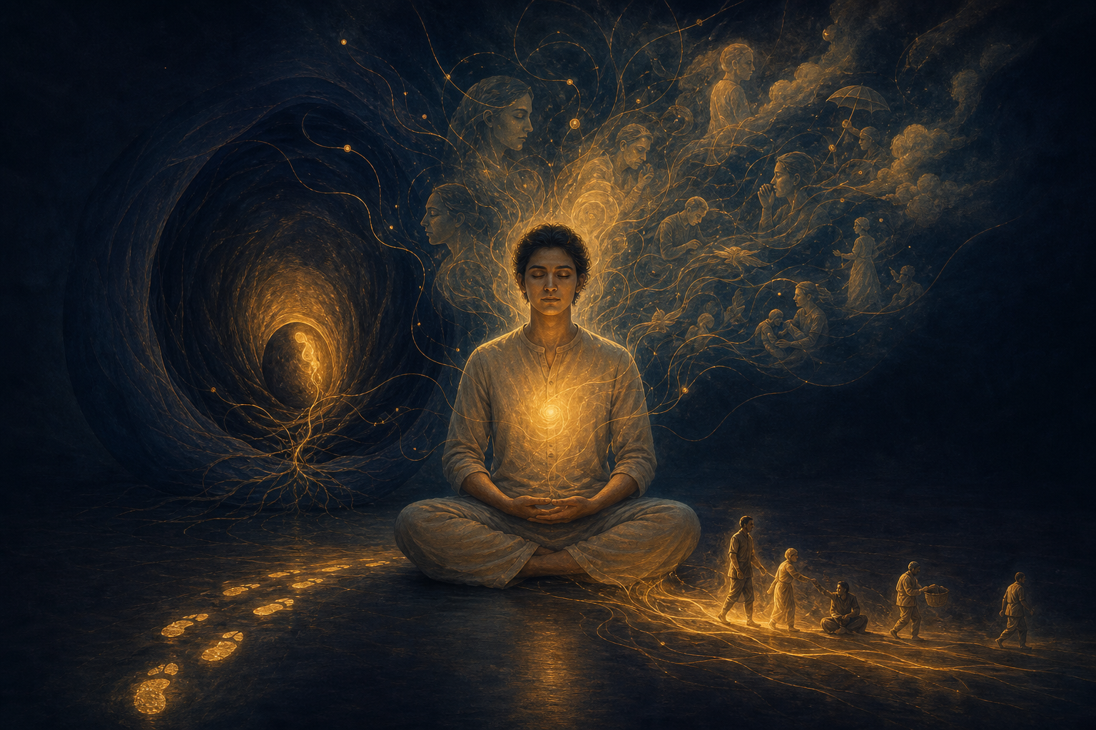 A meditating figure surrounded by layered golden currents that progress from a shadowed seed-like form to thoughts, gestures, and footsteps.