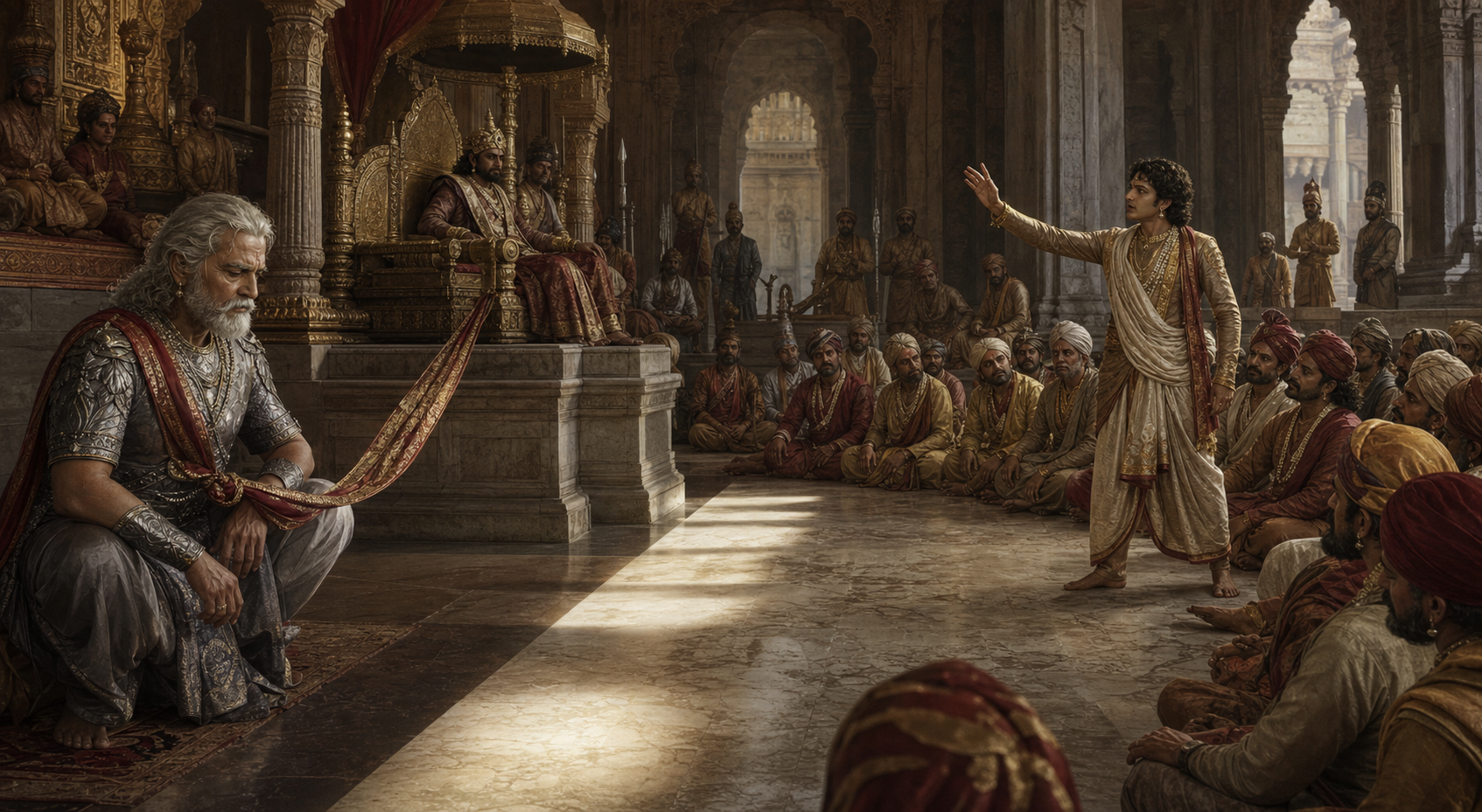 Bhishma sits rigidly beside a palace pillar, holding the arm of his seat as a ceremonial thread leads from his wrist toward a shadowed throne.