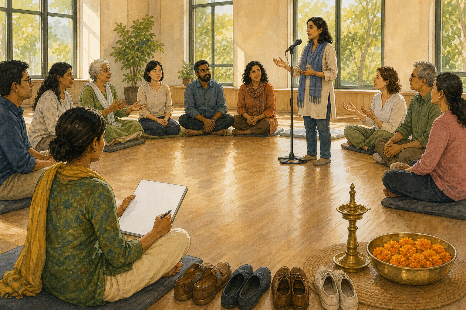 A diverse community group practices public speaking and respectful listening in a sunlit hall with a microphone, flowers, and a brass lamp.