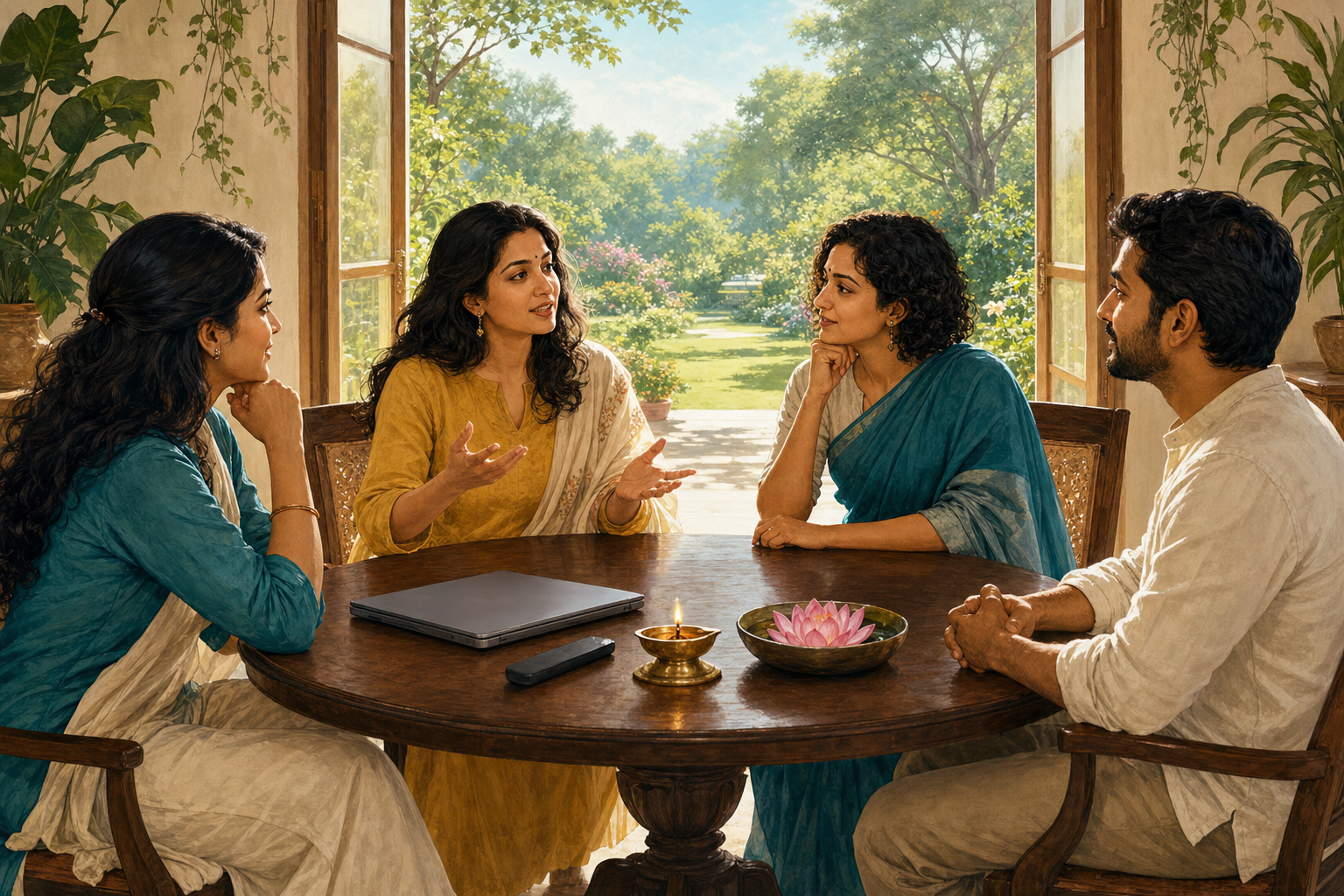 Three women and a man hold an equal discussion around a table with a closed laptop, remote, lamp, and lotus bowl.