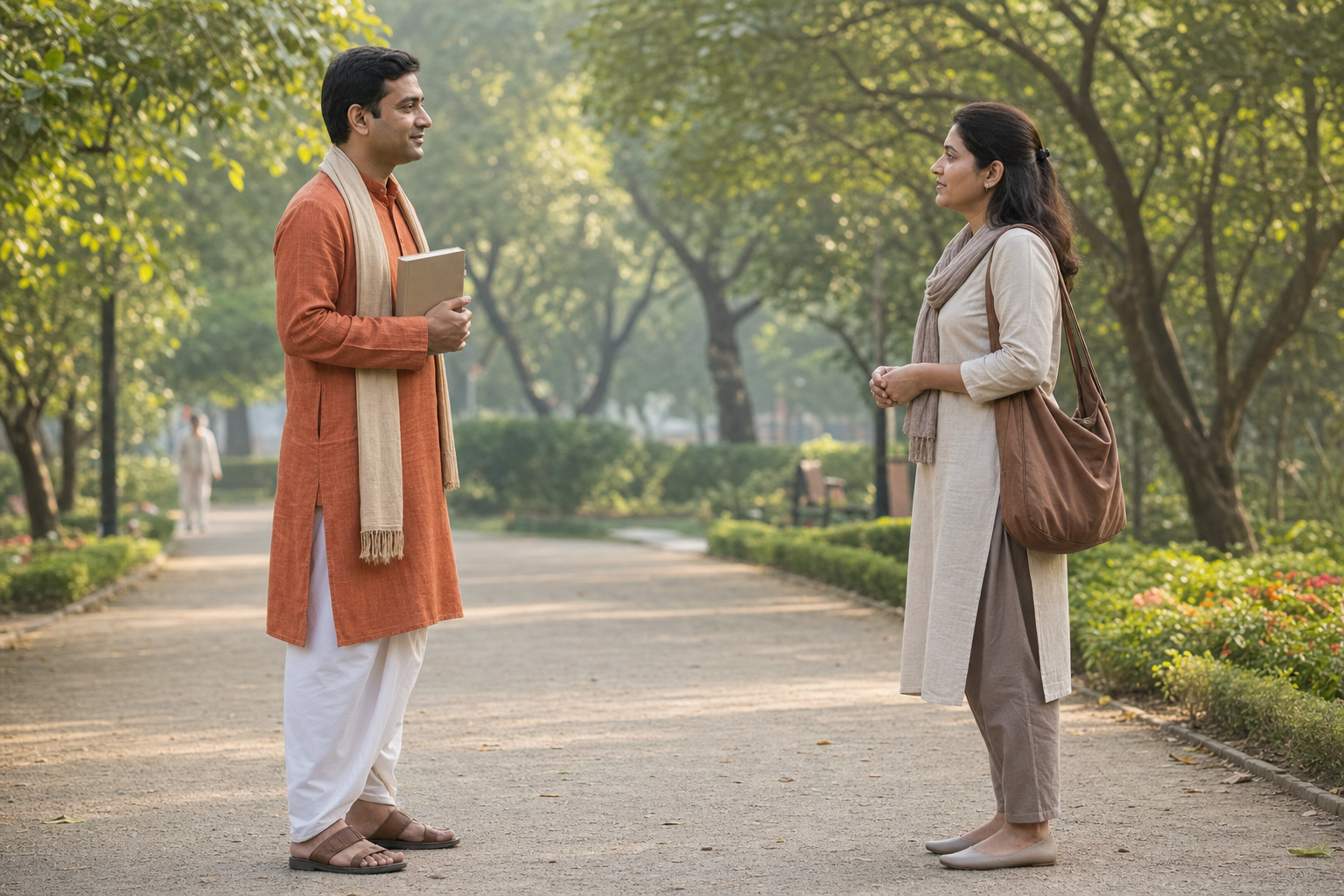 A relaxed book distributor respectfully approaches an adult passerby on a sunlit garden walkway while holding a plain-covered devotional book.