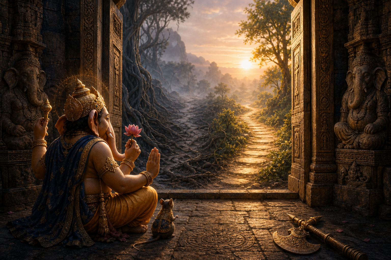 Ganesha sits inside a stone gateway while dawn light reveals one of two paths, with his mouse companion and a lowered ceremonial weapon nearby.