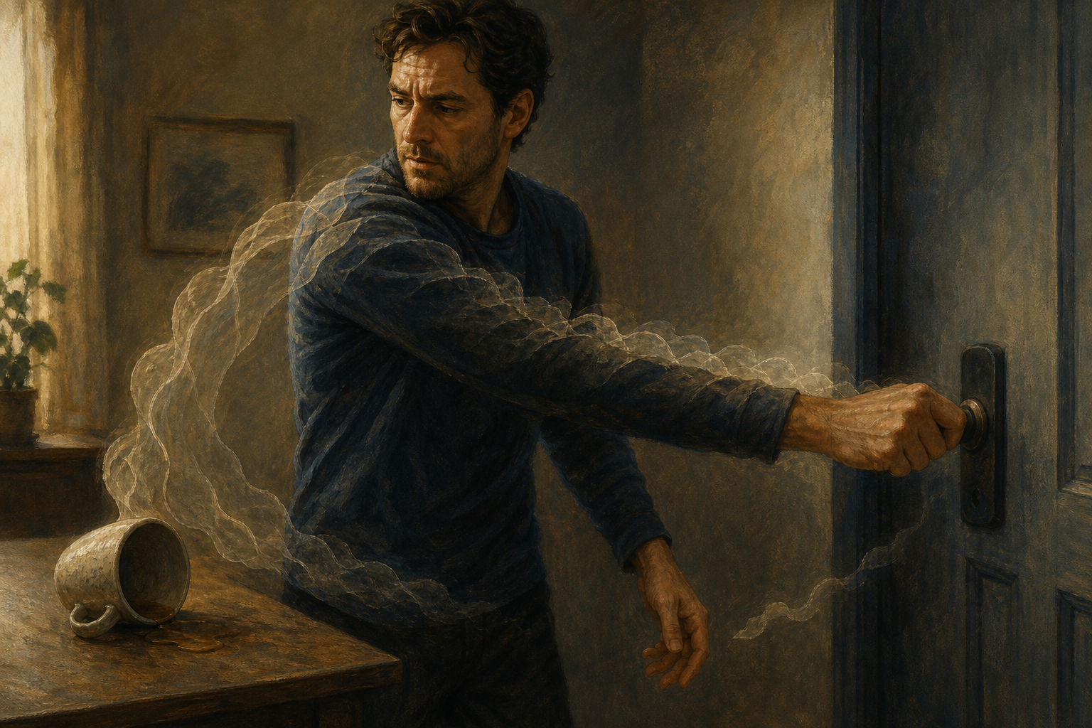 A person reaches for a door handle as curved translucent echoes connect a tipped cup, a tense shoulder, and a clenched hand, leaving a small break in the sequence.
