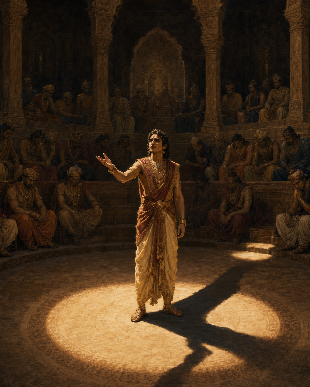 A young prince stands with an open palm before rows of seated courtiers, while his shadow stretches toward the group behind him.