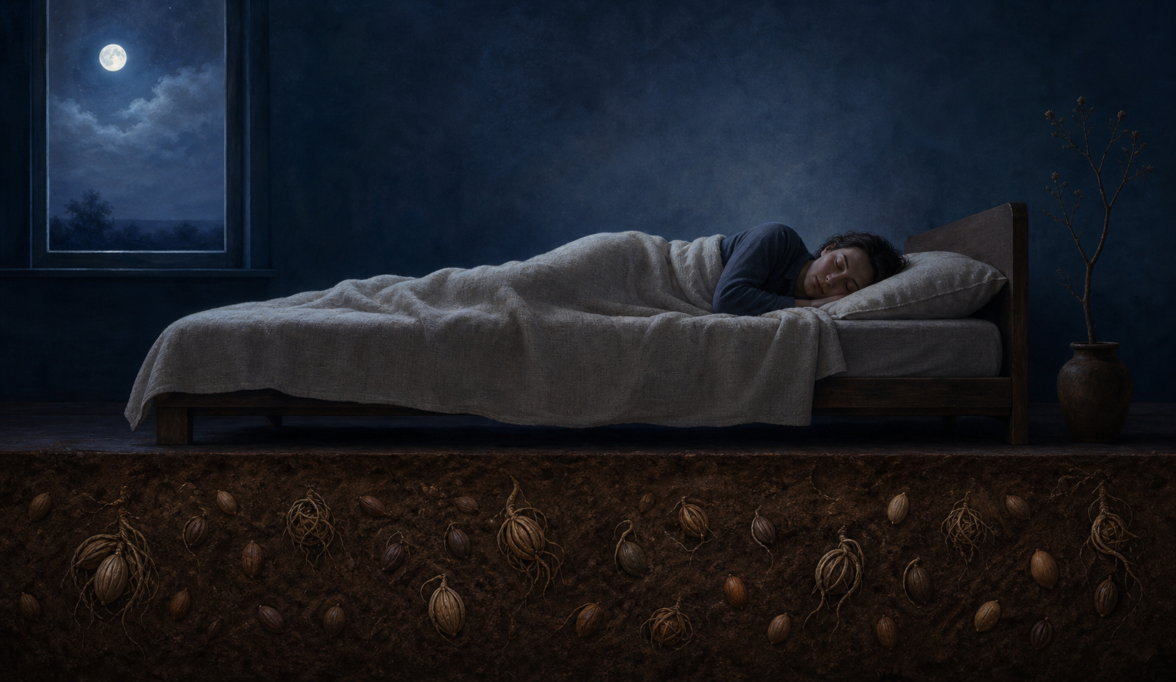 A person sleeps peacefully in moonlight while dormant seeds and curled roots remain in a symbolic layer of earth beneath the bed.
