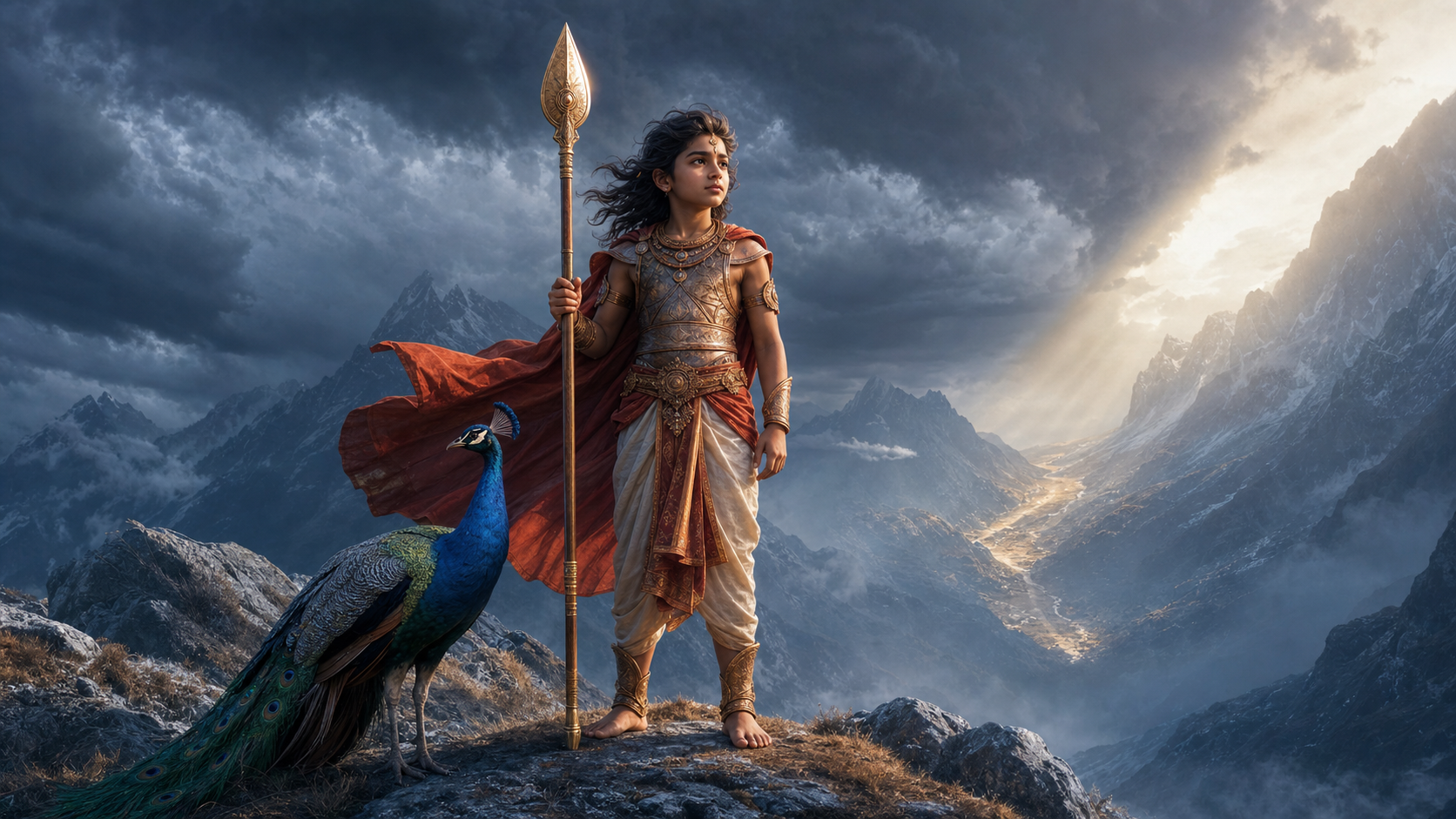 Kartikeya stands calmly on a windy mountain ridge with an upright spear and a peacock as storm clouds gather over the pass below.
