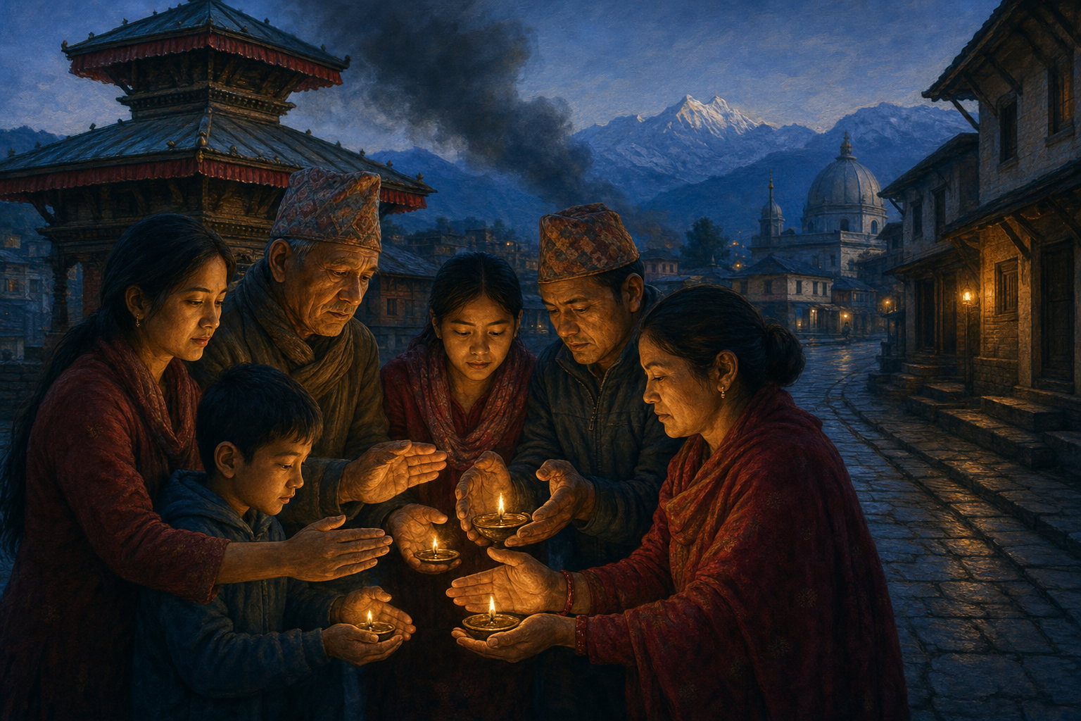 Nepali residents shield glowing oil lamps together on a stone street between places of worship in a Himalayan valley town.
