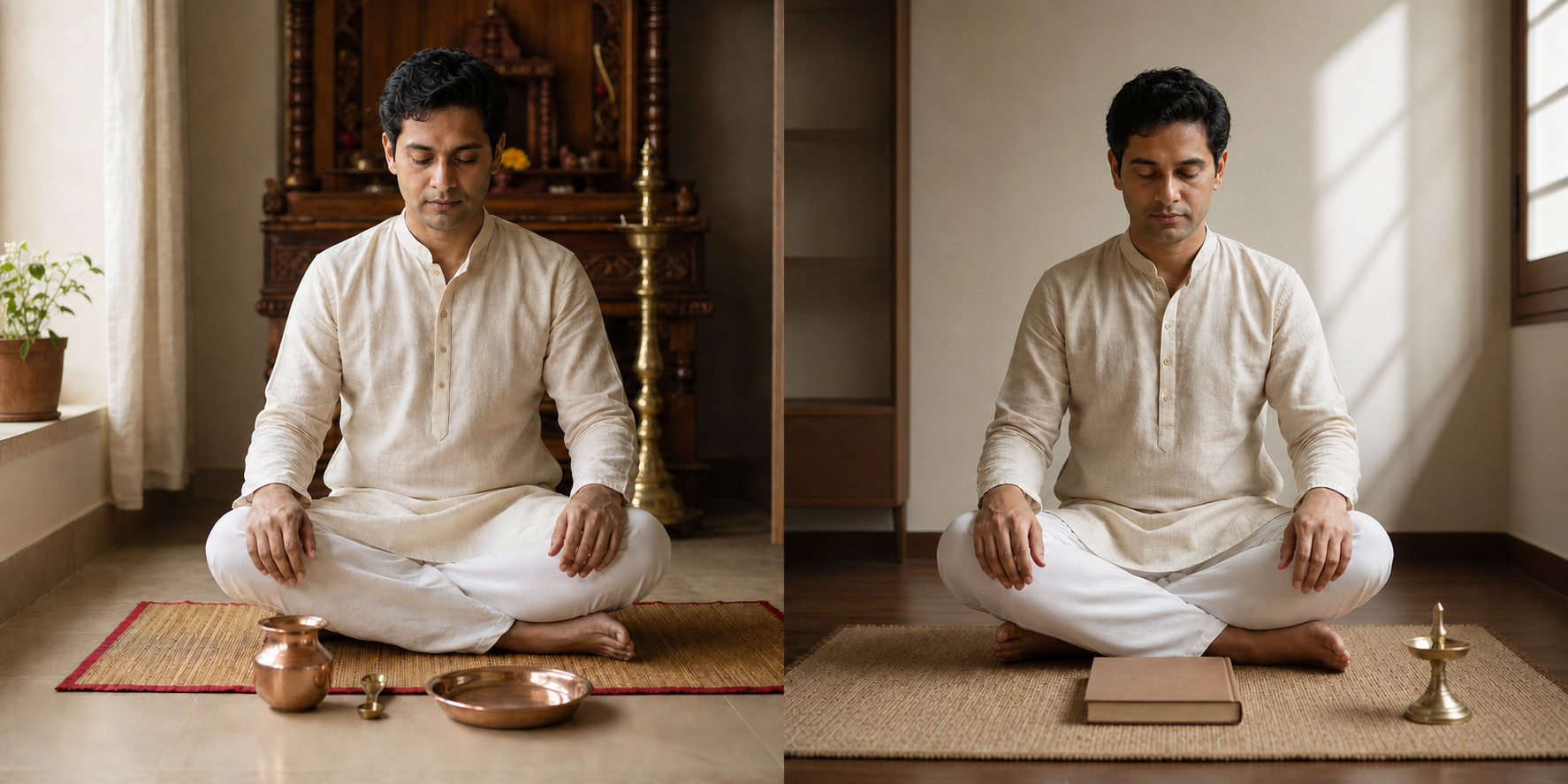 A split scene shows a practitioner preparing for formal Achamanam beside copper vessels and pausing after washing the hands before quiet spiritual practice.