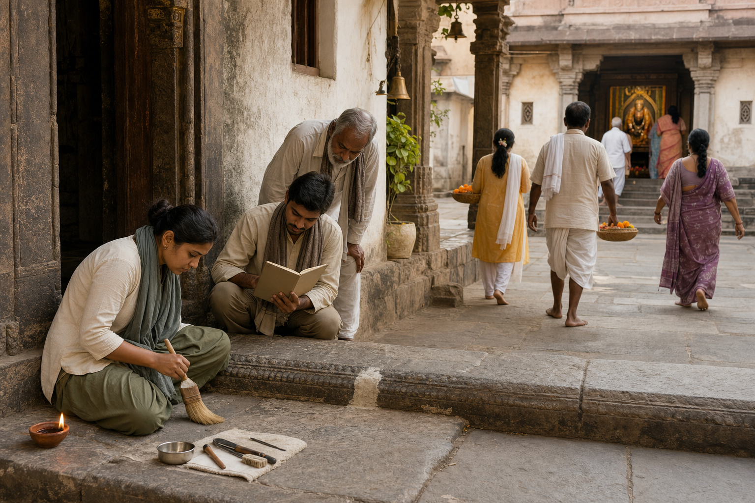 Community caretakers inspect and gently clean a weathered temple threshold while devotees continue toward the active shrine.
