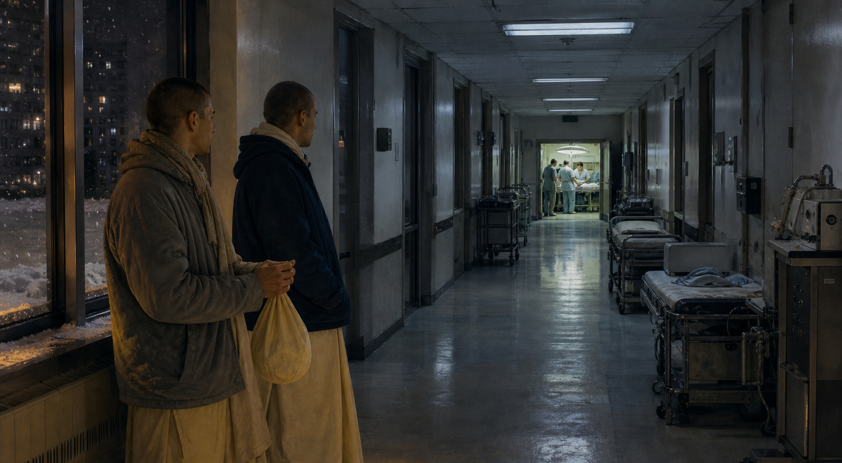 Two Vaishnava practitioners wait in a dim hospital corridor while medical staff work around an obscured patient in a distant treatment room.