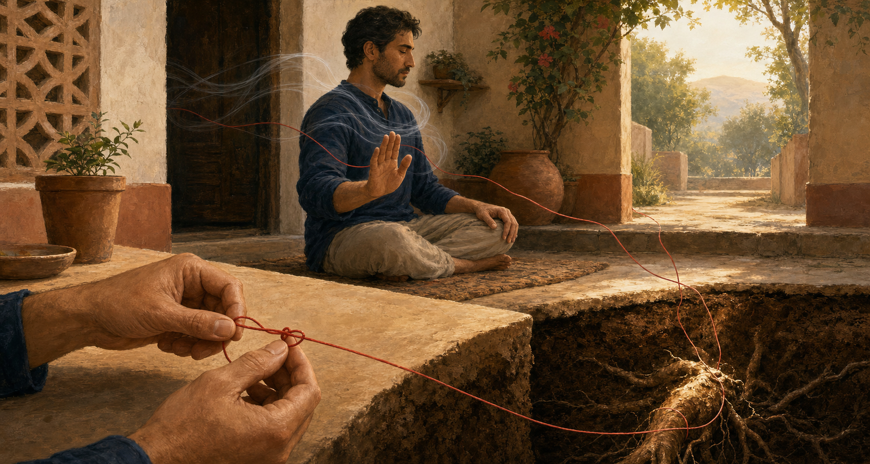 A person redirects a red thread, pauses as translucent currents settle around them, and loosens an old root where the thread enters the soil.