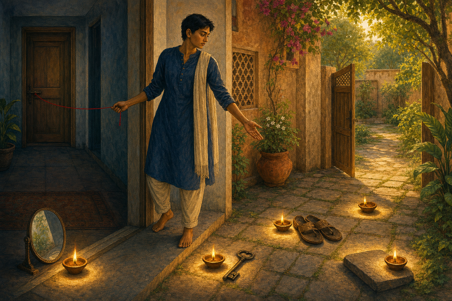 A person holding a red thread pauses at a doorway as five oil lamps illuminate a mirror, key, sandals, open gate, and stepping stone.