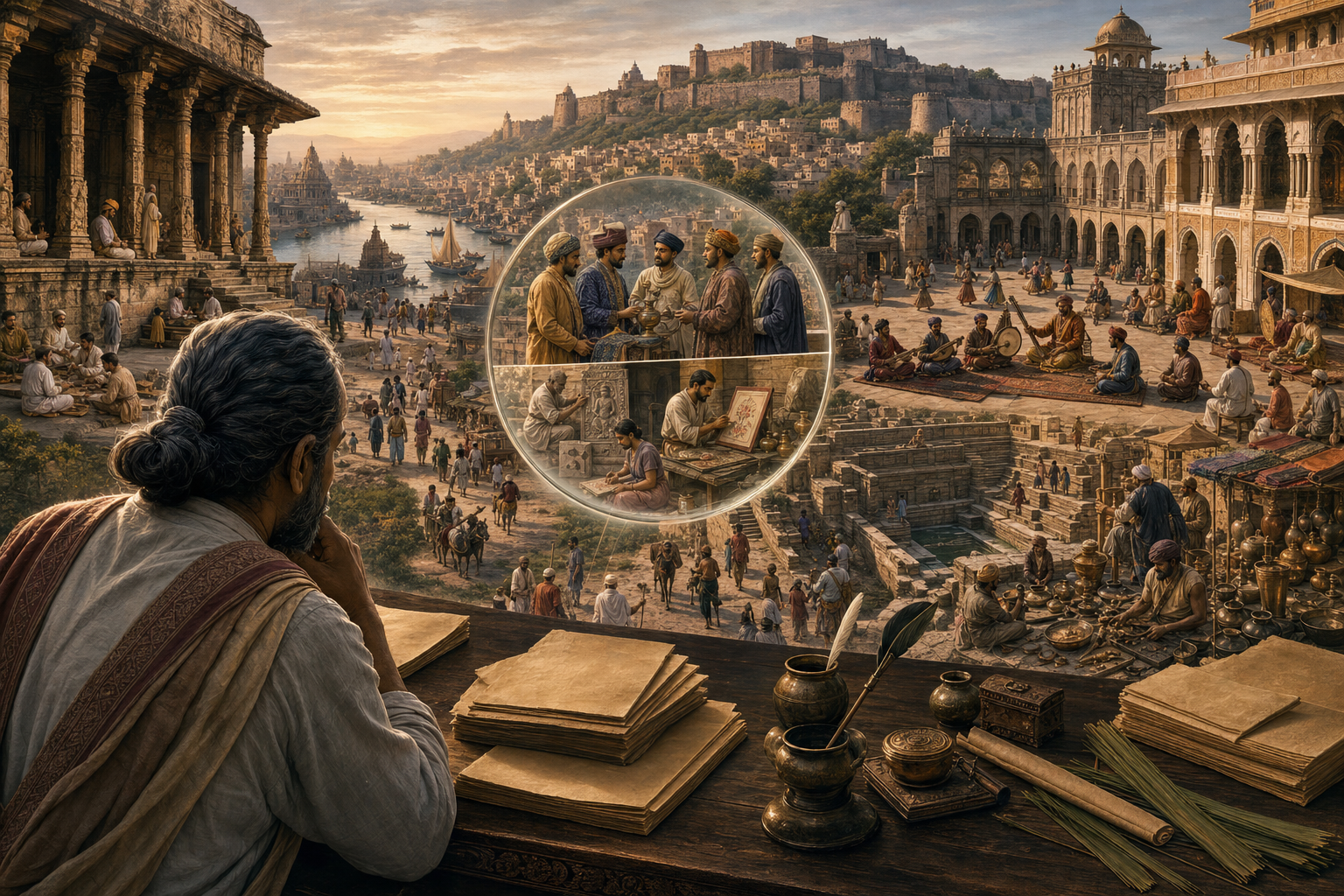 A historian studies unmarked folios as a layered panorama of temples, arches, forts, markets, workshops, and riverside communities emerges across the table.