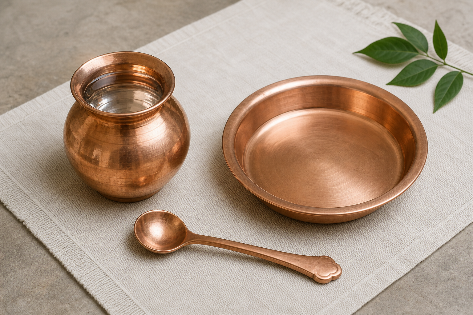 A clean copper water vessel, shallow basin, and ritual spoon are arranged simply on a natural-fiber cloth.