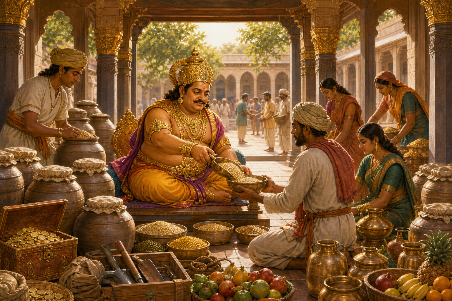 Kubera measures grain into a visitor's bowl inside an orderly pavilion containing coins, food jars, fruit, water vessels, and tools.