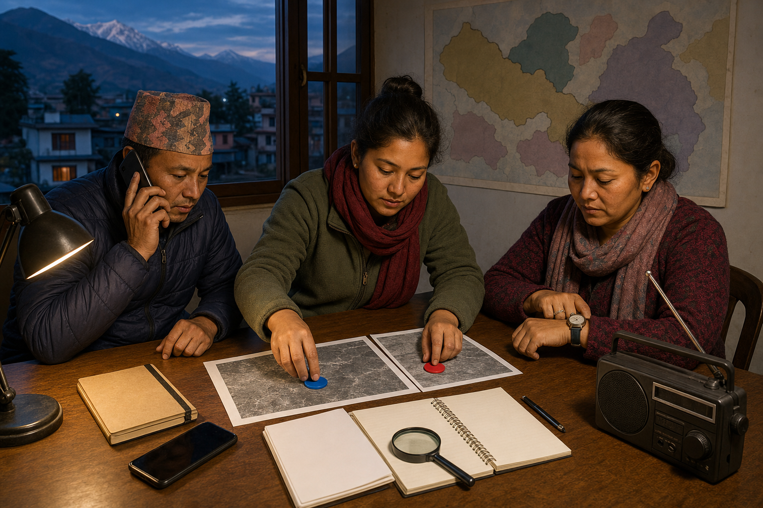 Three Nepali adults cross-check information using a phone, radio, notebook, and unlabeled map in a community room.