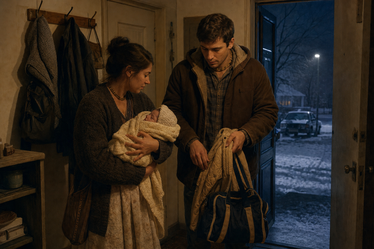 A young Vaishnava couple prepares to take their wrapped newborn to the hospital on a winter night.