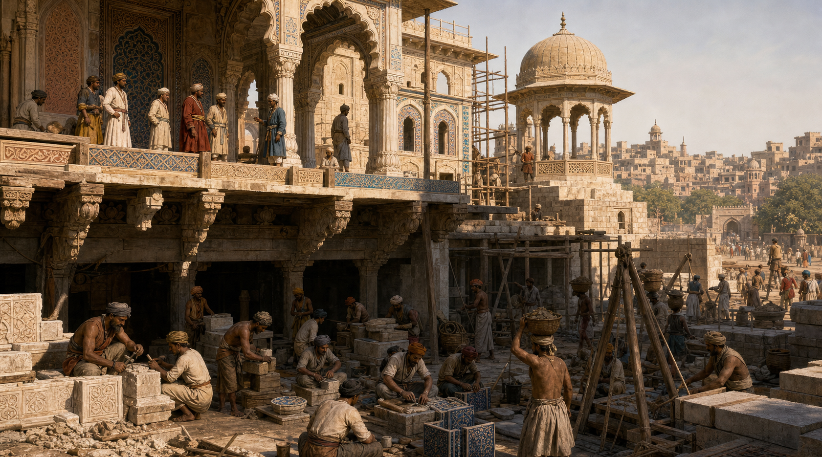Artisans build an ornate medieval Indian palace combining carved beams, arches, domes, and tilework while officials watch from a raised platform.