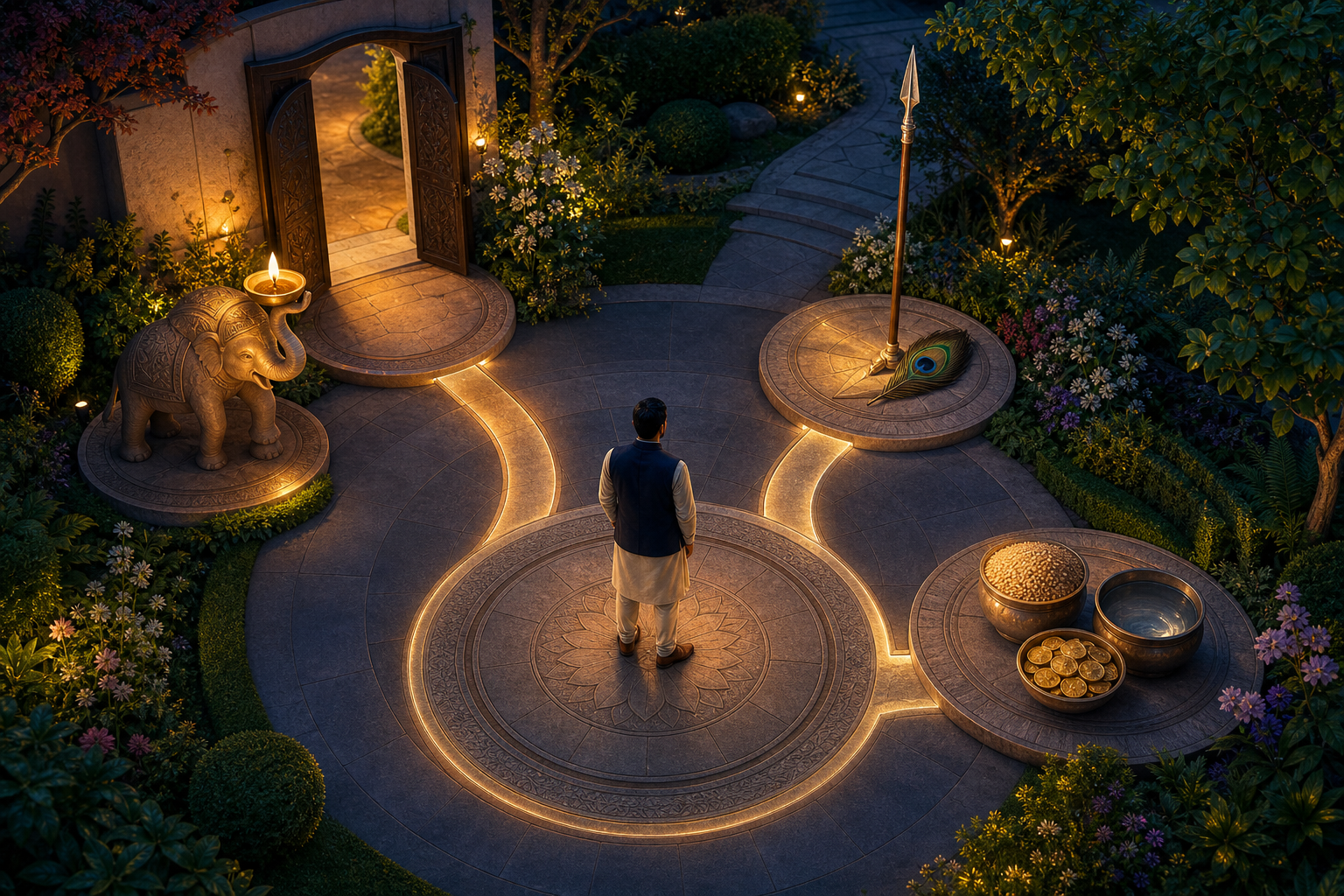 A person stands beside a glowing path that links an elephant-shaped lamp and doorway, an upright spear and peacock feather, and balanced vessels of grain, water, and coins.