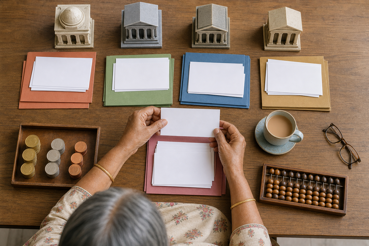 An older Indian woman sorts blank fixed-deposit receipts into color-coded folders paired with different generic bank models on a home desk.