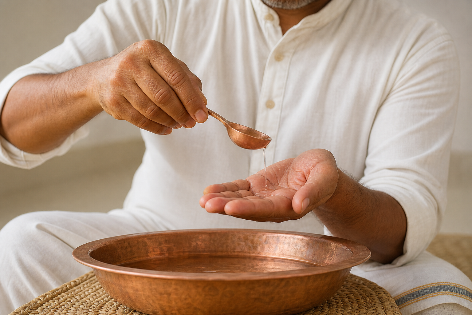 A practitioner uses a small copper spoon to place water into the curved right palm before an Achamanam sip.