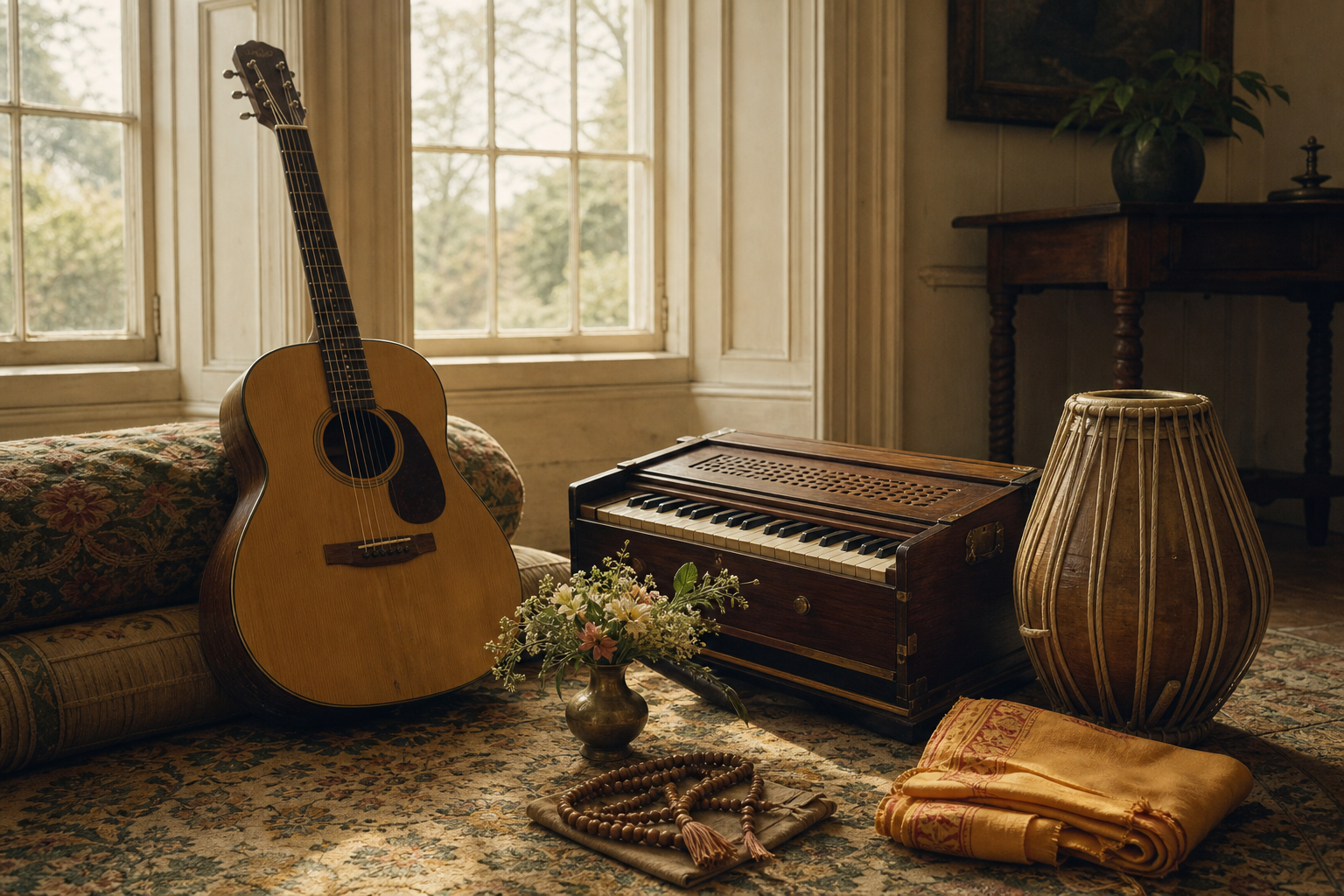 An acoustic guitar, harmonium, mridanga drum, prayer beads, flowers, and folded saffron cloth share a sunlit country-house music room.