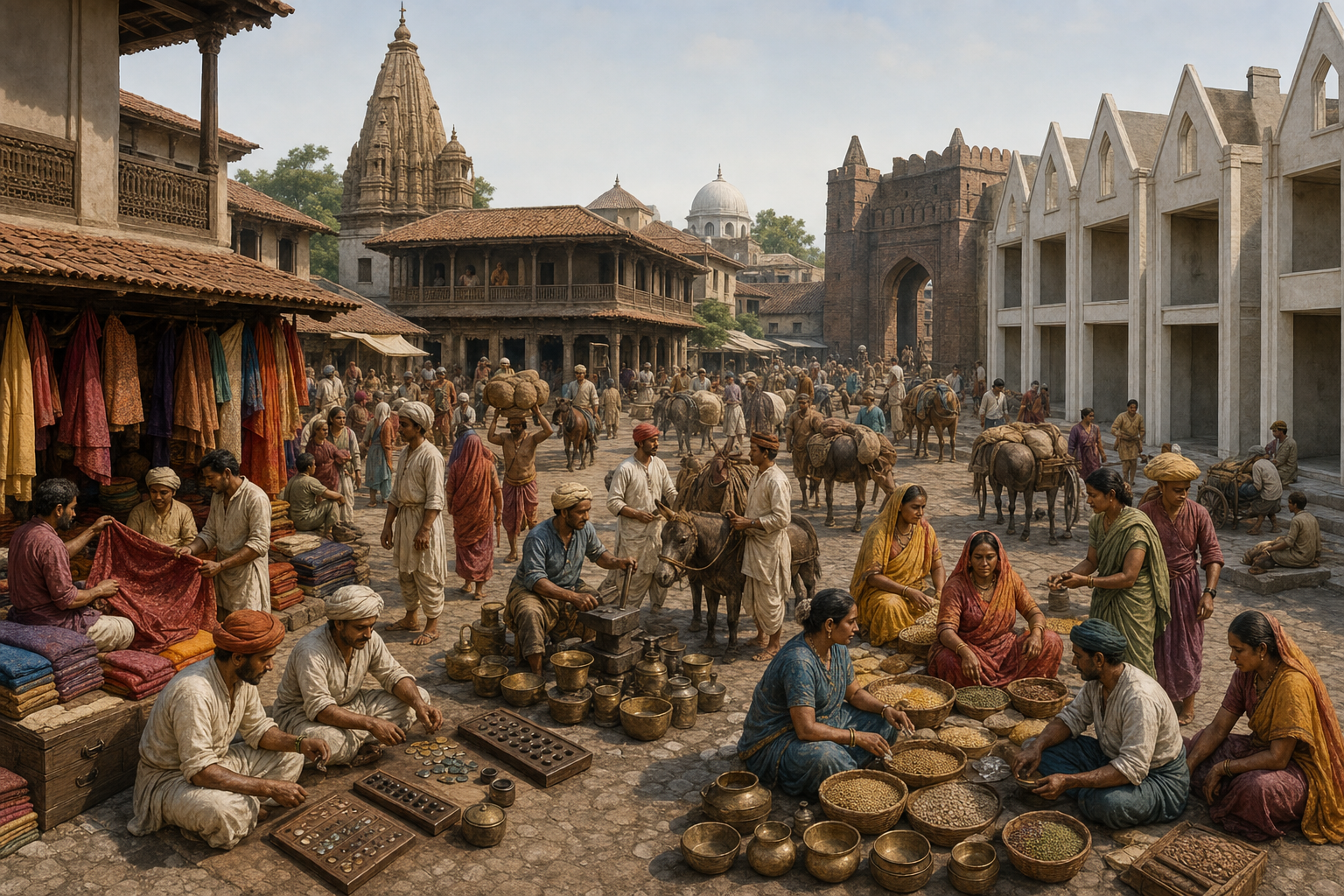 Merchants, craftspeople, money changers, porters, and travelers fill a medieval Indian market that extends beyond a row of empty European-style frames.
