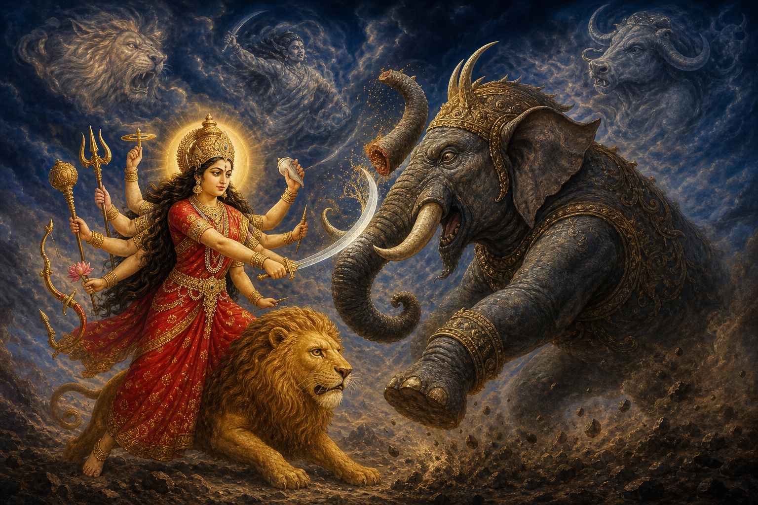 Durga calmly cuts the trunk of Mahishasura in elephant form as her lion stands beside her, with faint lion, human, and buffalo forms in the background.