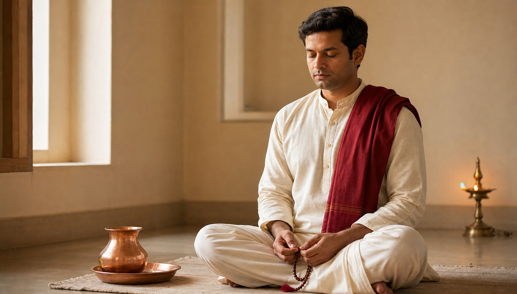 A practitioner sits attentively for prayer with beads while the Achamanam water vessel and basin rest neatly nearby.