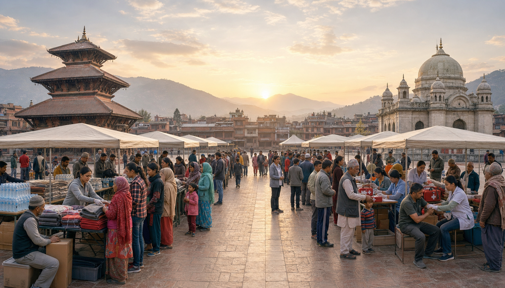 Emergency workers and volunteers assist residents from different communities at a shared aid point in a Nepalese civic square.