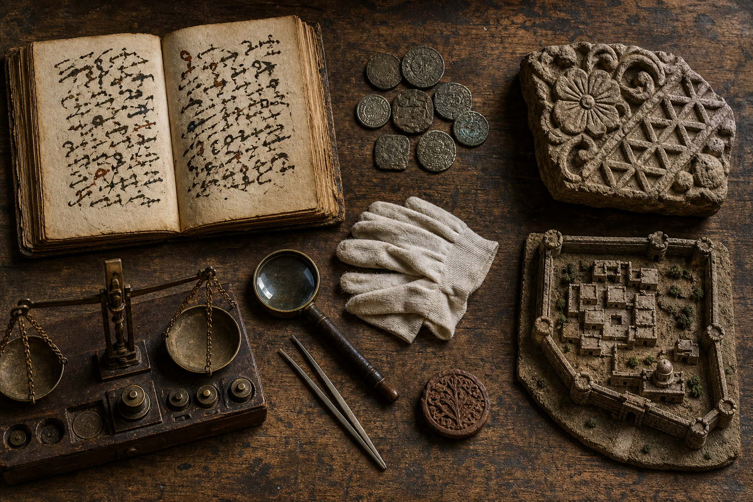 Five groups of historical evidence sit on a scholar's table: a manuscript, coins, carved stone, trade weights, and a seal with a settlement model.
