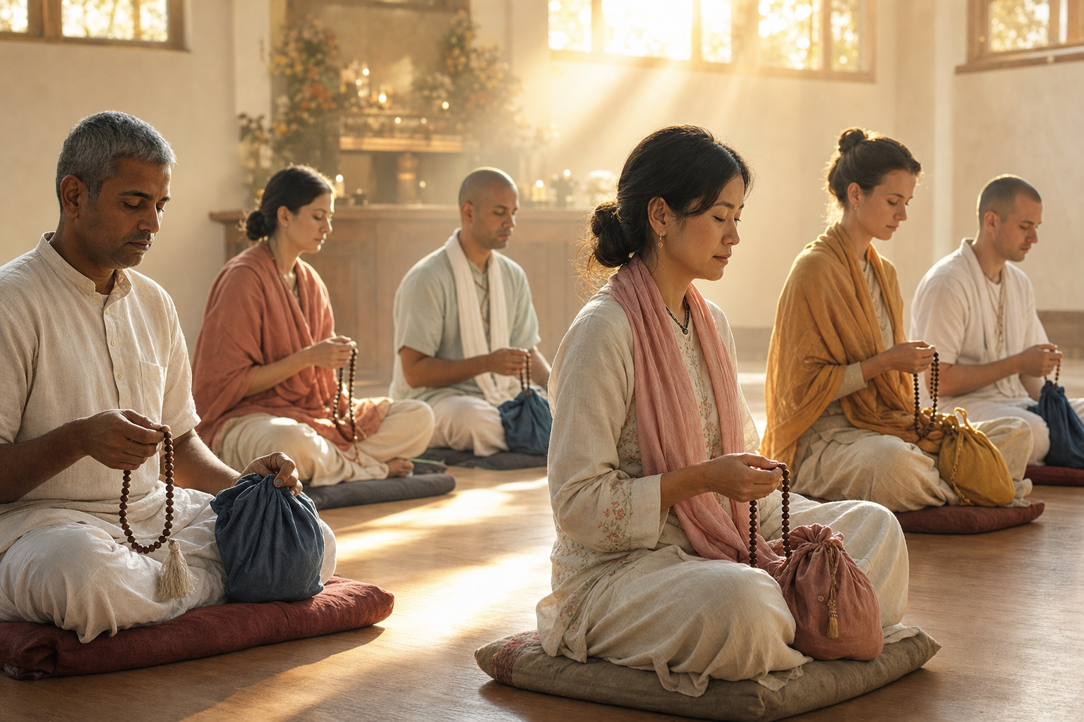 Vaishnava practitioners sit together in a softly lit temple room and chant quietly on prayer beads at dawn.