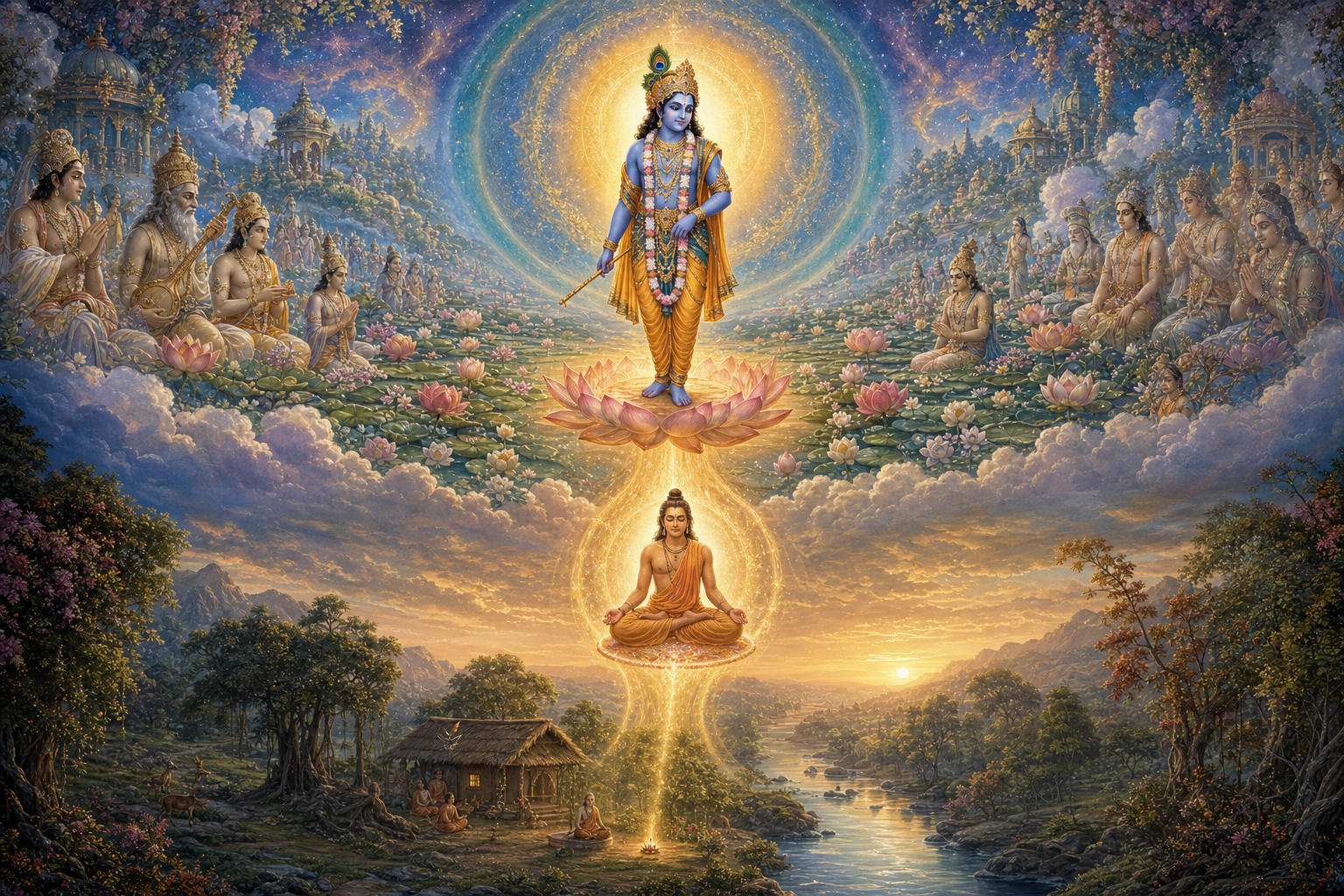 Krishna stands in a celestial lotus garden as golden light radiates outward and descends toward the seated sage Kapila and a forest hermitage below.