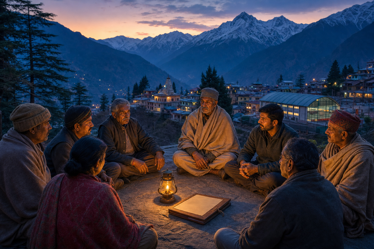 Community members hold a calm twilight discussion beside an oil lamp overlooking a Himalayan town.