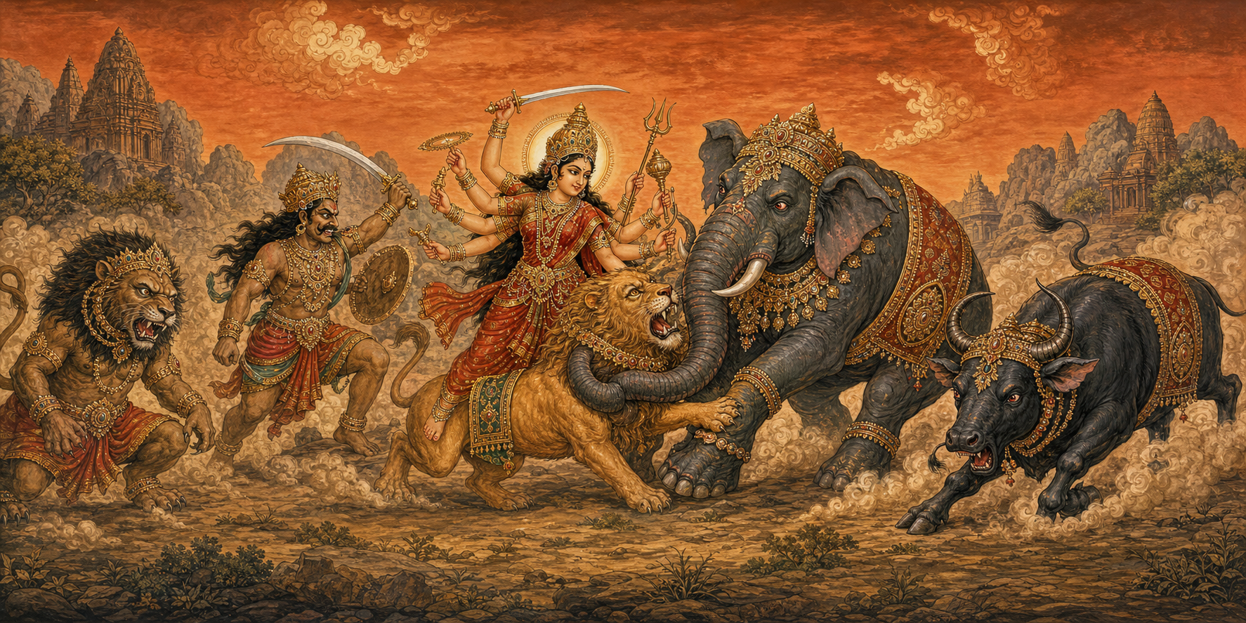 A continuous battle scene shows Mahishasura changing from lion to human warrior to elephant and buffalo while Durga remains at the center with her lion.
